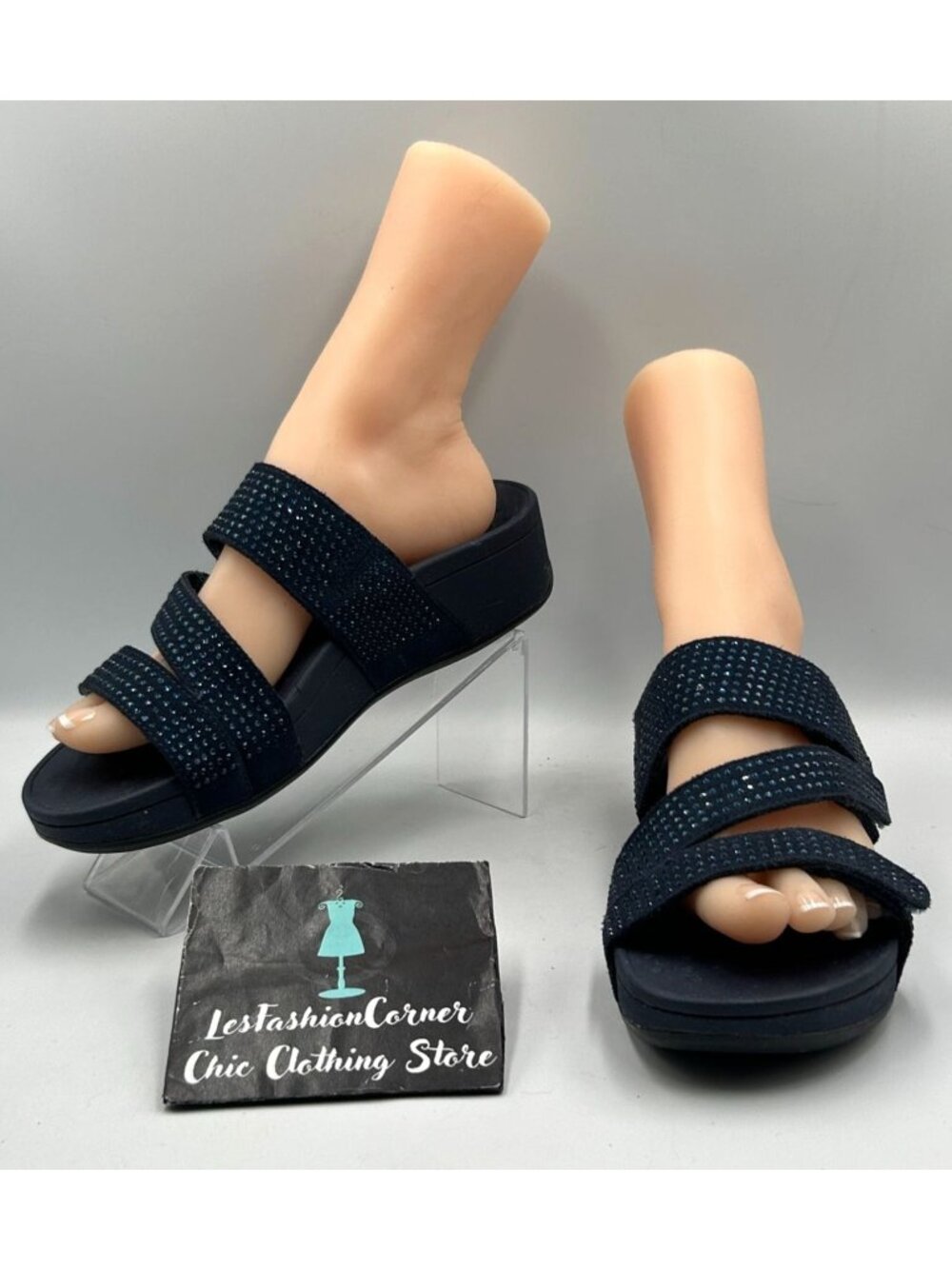 Vionic Women's Navy Blue Rhinestone Alexis Pacific Slide Sandals Size 9 3494